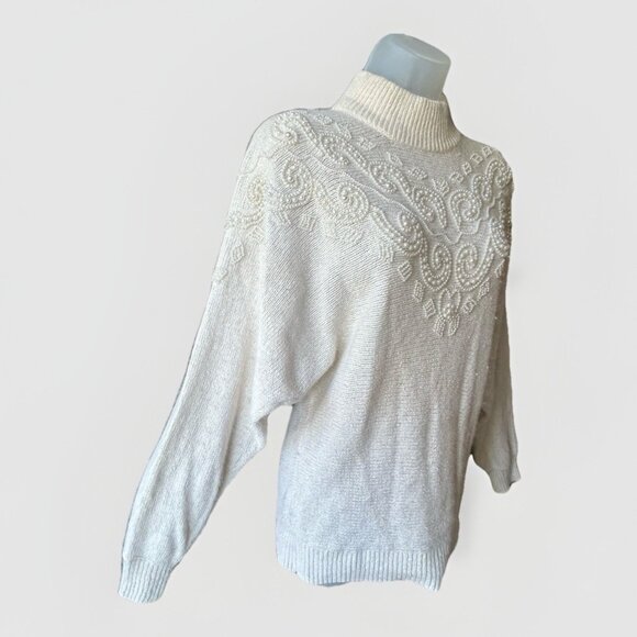 Vintage Ivory Silk Angora Wool Sweater Pearl Embellished 80’s Women's Size Med - Picture 3 of 9